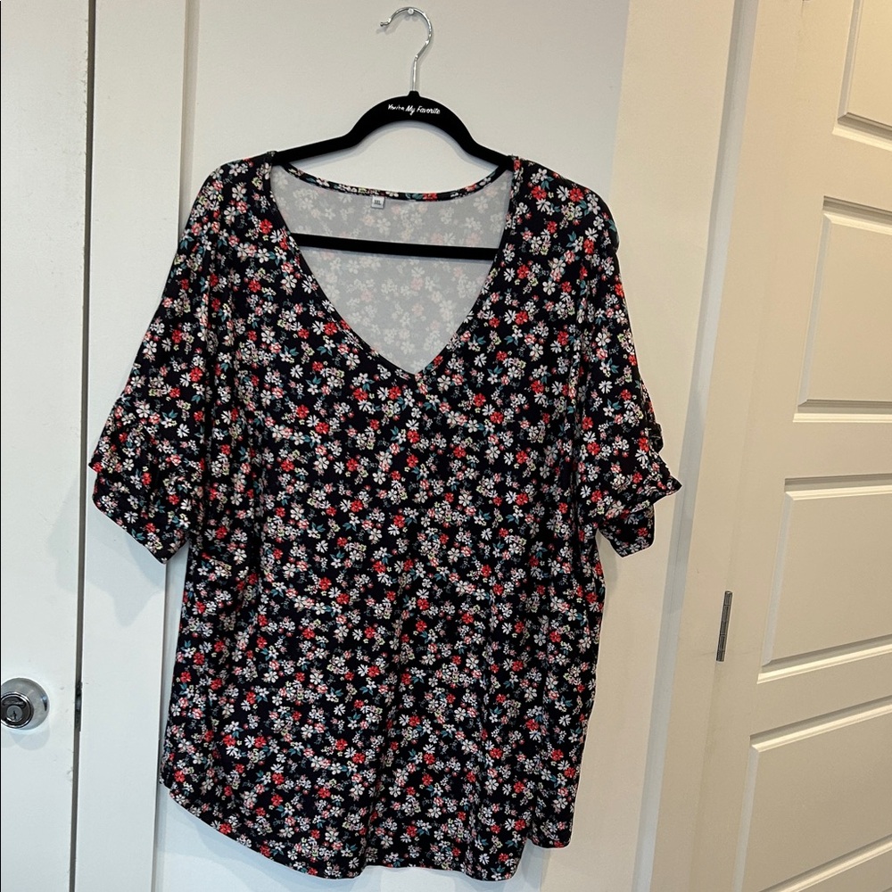 New York & Company Floral V-Neck Blouse - Black and Red